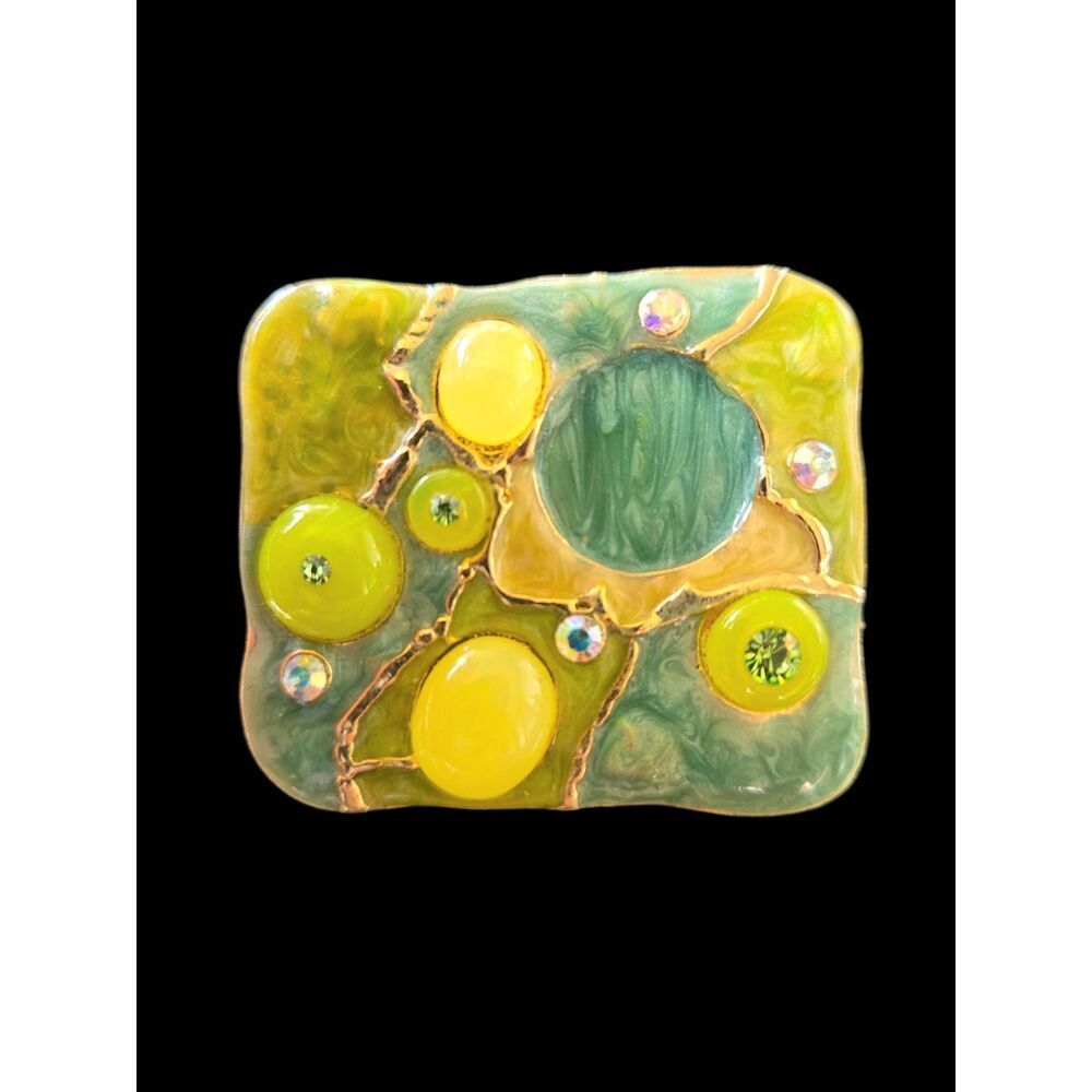 Ceramic And Rhinestone Green/Yellow/Gold Brooch/Pendant/Pin